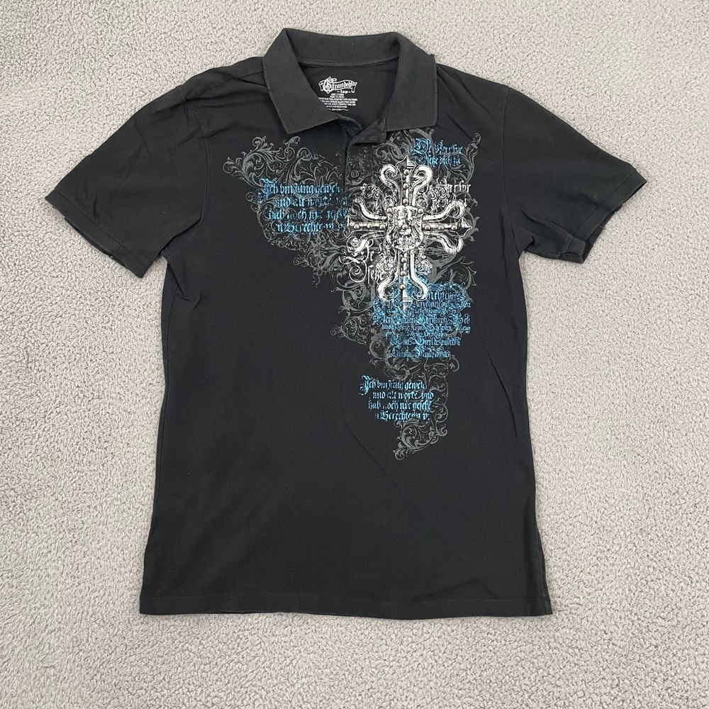 Stranded Y2K Polo Men L Black Cyber Grunge Studded Cross Short Sleeve